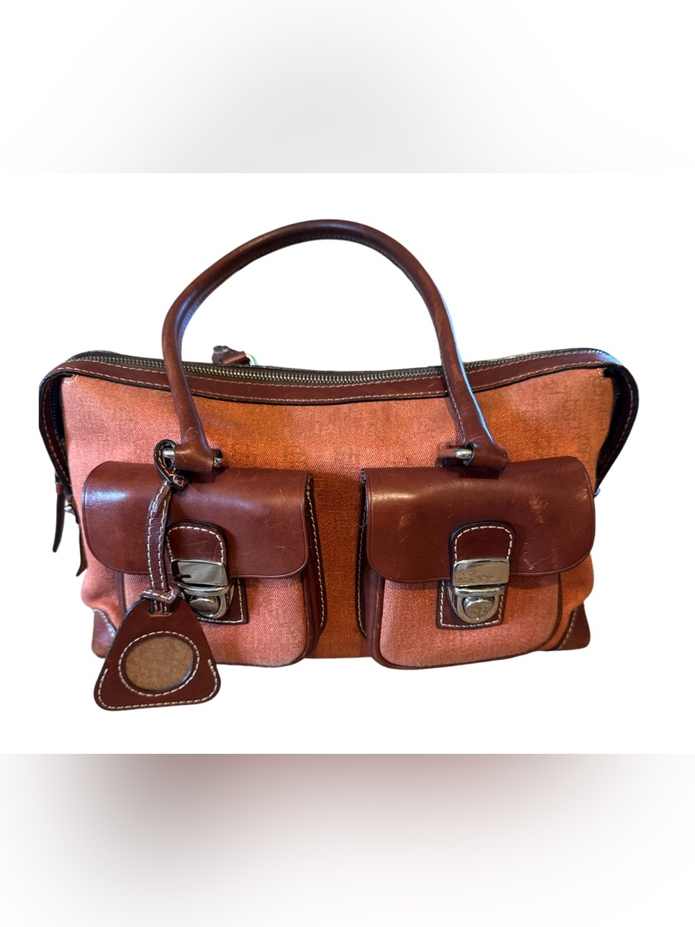 Dooney & Bourke Double Pocket Signature Satchel in burnt orange and brown.